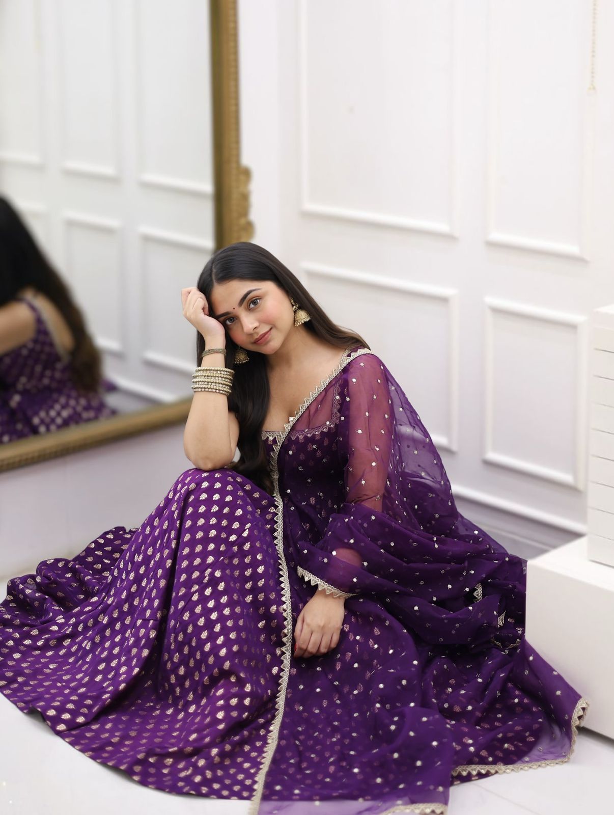 Purple Color Beautiful Gown in Jacquard Silk Fabric