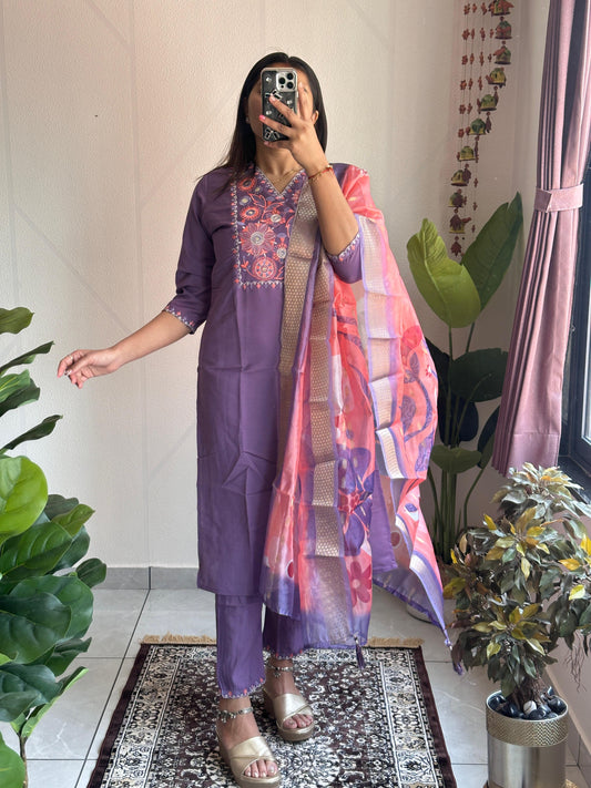 Voilet Color Beautiful Daily Wear Dress in Roman Silk Fabric