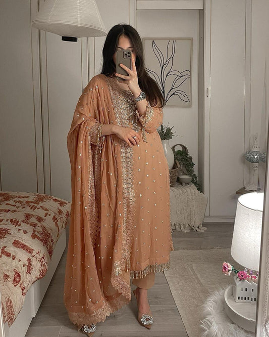 Party Wear Look Heavy Faux Georgette Top Bottom & Dupatta Set