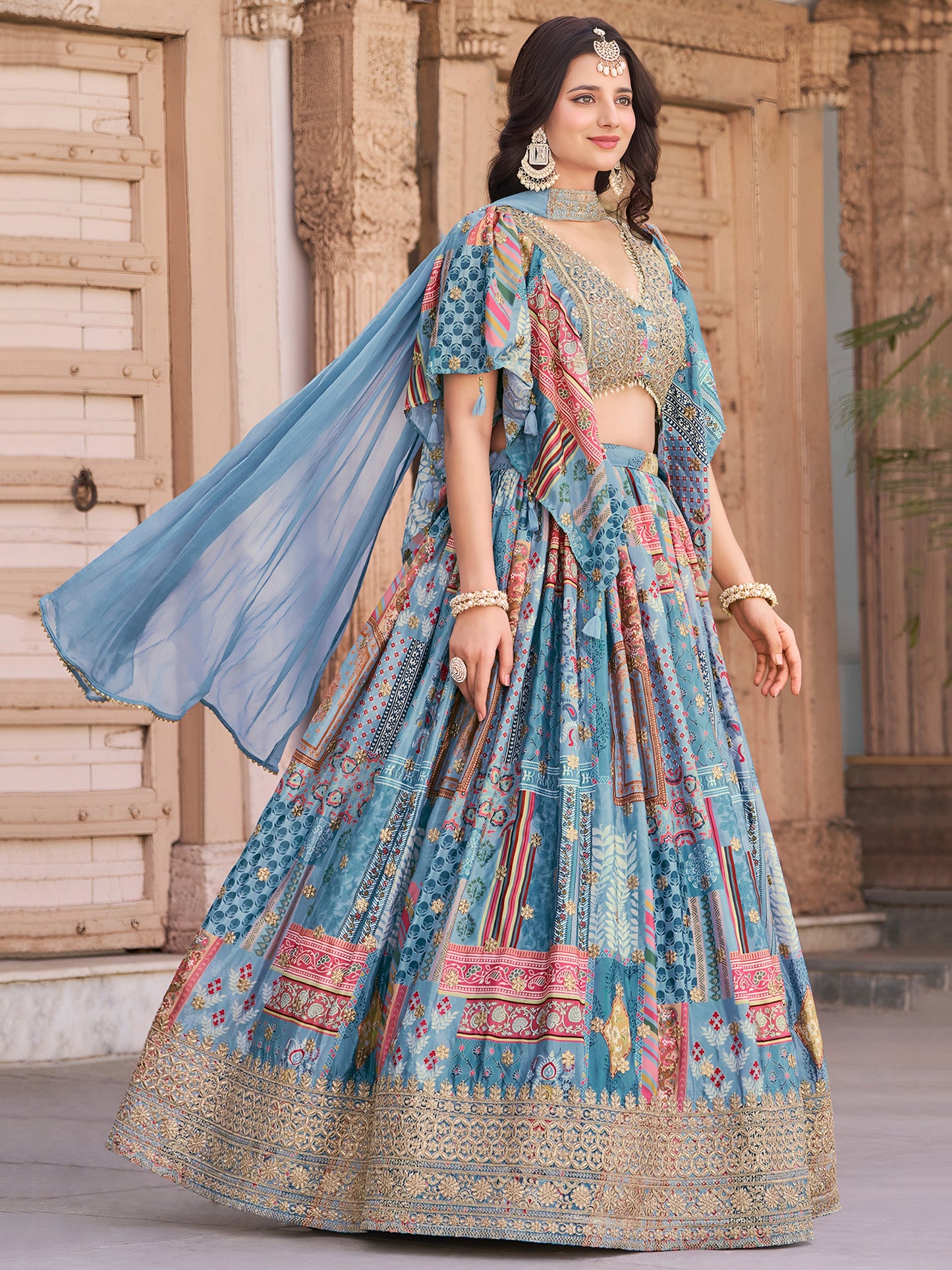 Sky Blue Color Beautiful Lehenga Choli in Chinon Silk Fabric