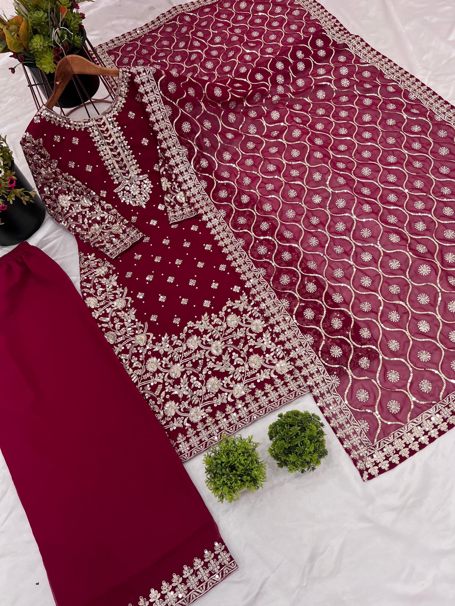 Red Color party wear look top-plazzo and dupatta with heavy embroidery work