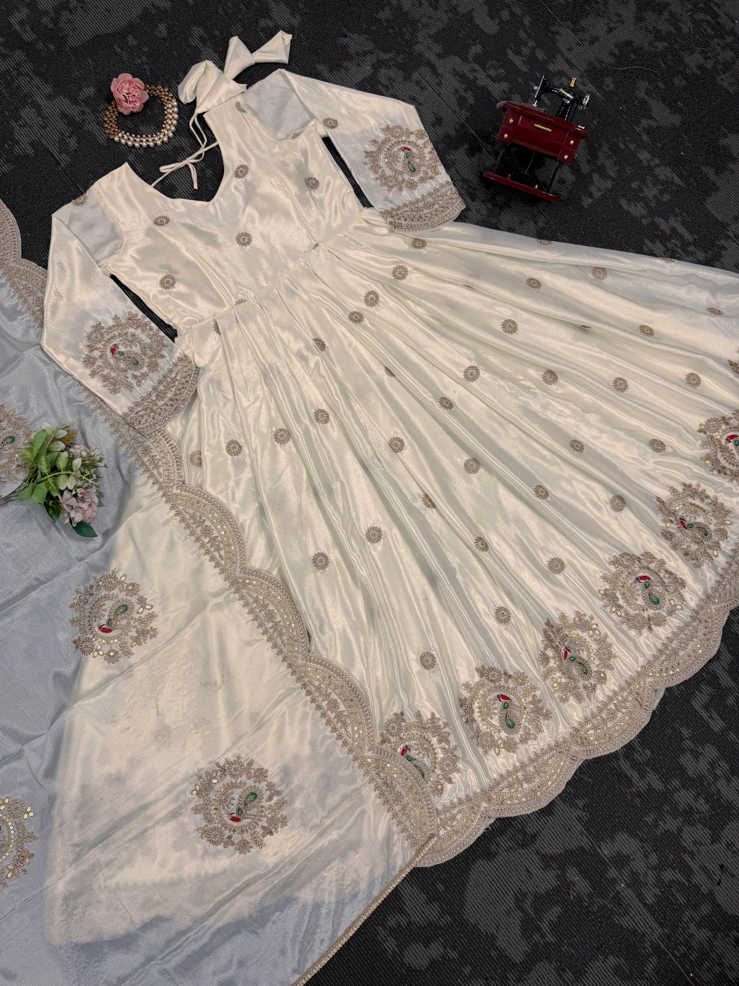 Beautiful Designer Gown On Chinon Silk Febric With Inner And Coding With Sequnce Work And Dupatta