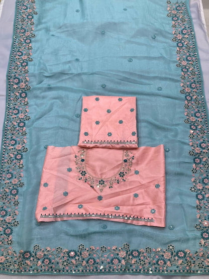 Sky BLue Color Beautiful Curnchy silk saree