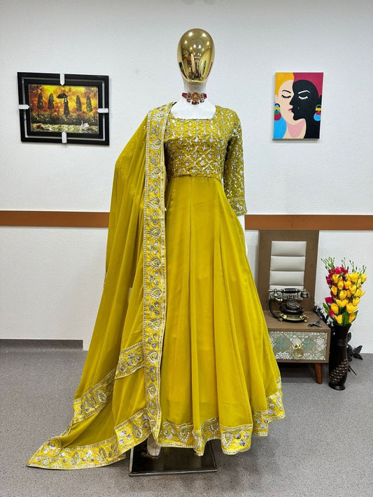 yellow color gown in georgete fabric
