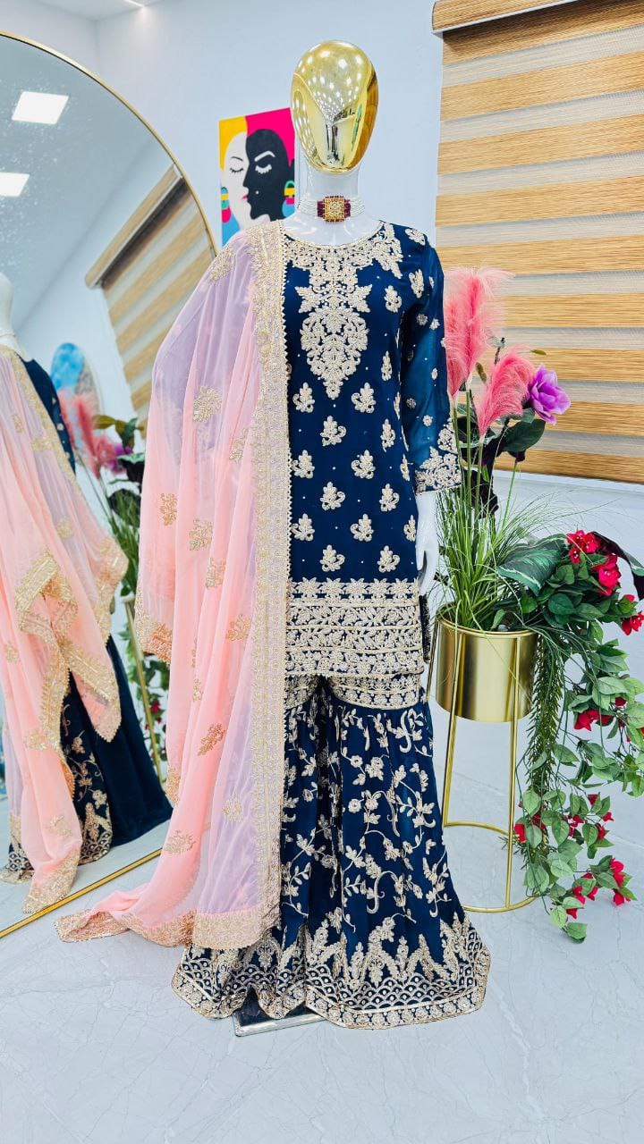 Blue Color Beautiful Sharara Dress in Georgette Fabric