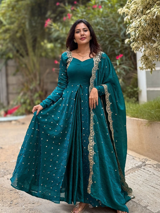 designer party wear look gown-dupatta and bottom with heavy embroidery sequence work