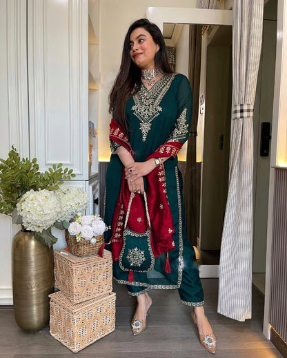 Festival Collection In Chinnon And Heavy Embroidery Sequence Work Top-Bottom And Dupatta Set