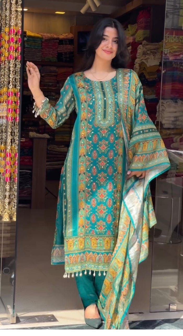 Trending Top With Printed Work With Mirror Work With Top Bottom And Dupatta Set