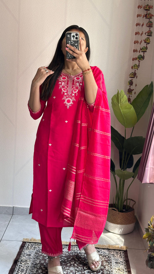 Pink color summer Wear Dress in Roman silk Fabric