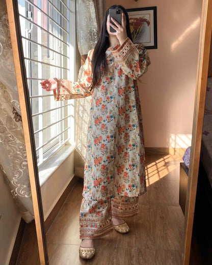 party wear look pur natural crepe printed & embroidered co-ords set