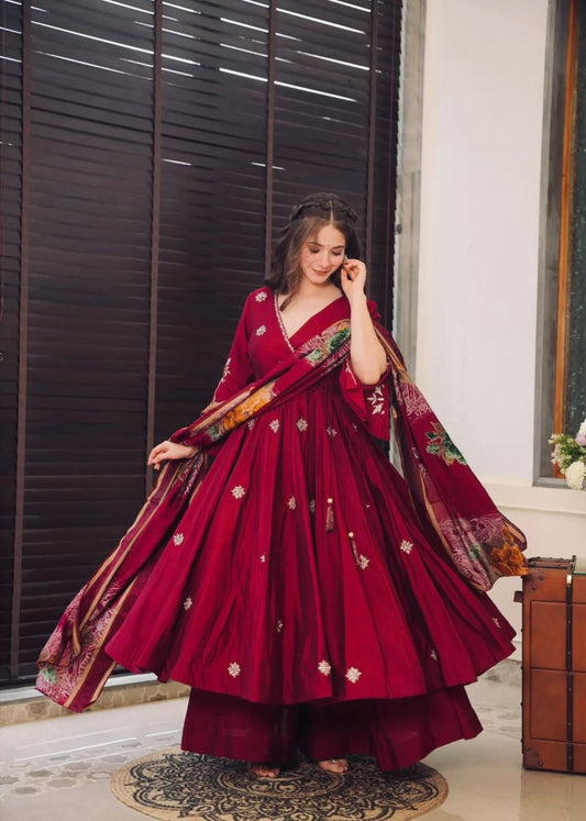 Purple Colour Beautiful Chinnon fabric With Embroidery Sequence Work Gown And Dupatta Set