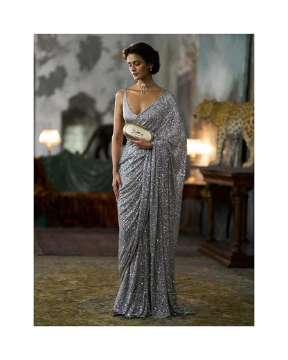 grey Color Partywear Saree in Georgette Fabric