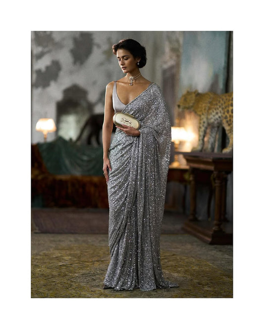 grey Color Partywear Saree in Georgette Fabric