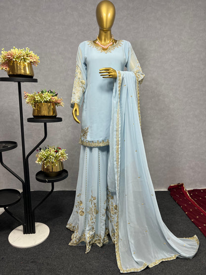Sky BLue Color Beautiful 3 Piece Kurti With Sharara And Dupatta