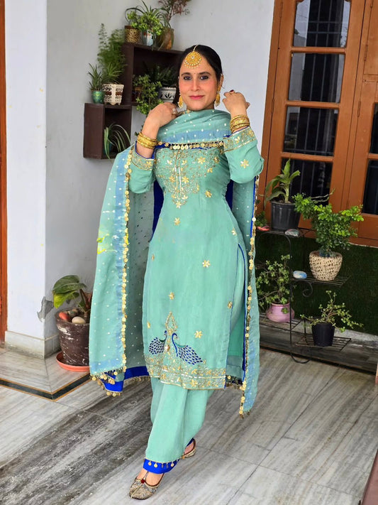 georgette embroidered coding sequence work with fancy top-plazzo dupatta set