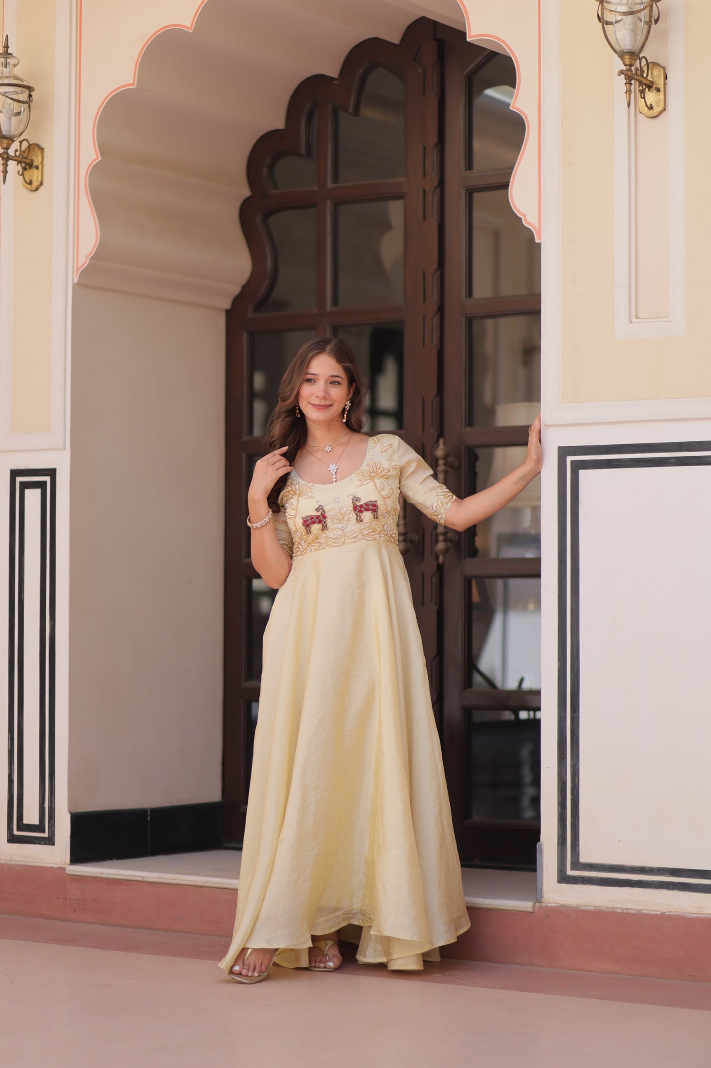 cream Color Beautiful Partywear Gown in silk fabric