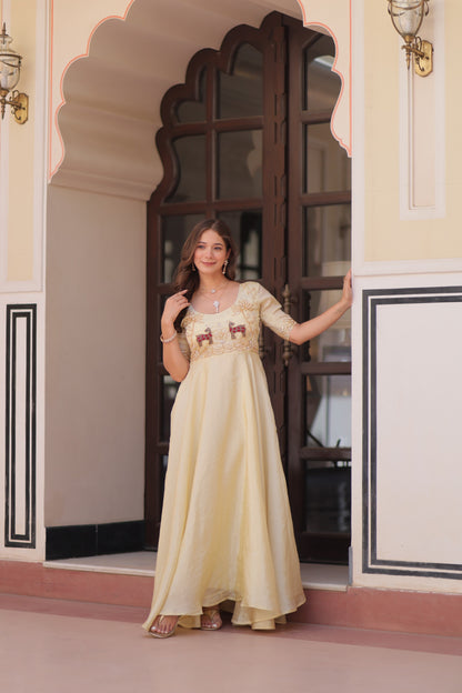 cream Color Beautiful Partywear Gown in silk fabric