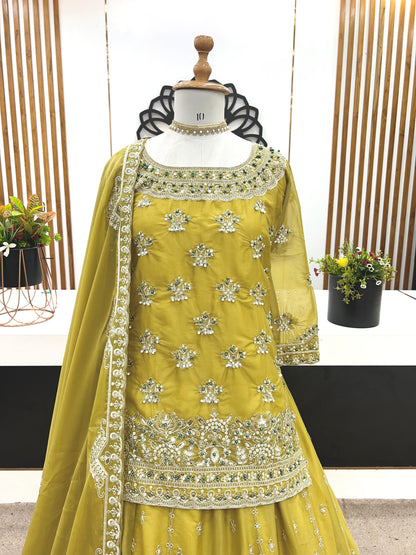 Yellow Color Beautiful Top Lehenga Dupatta Dress in Georgette Fabric