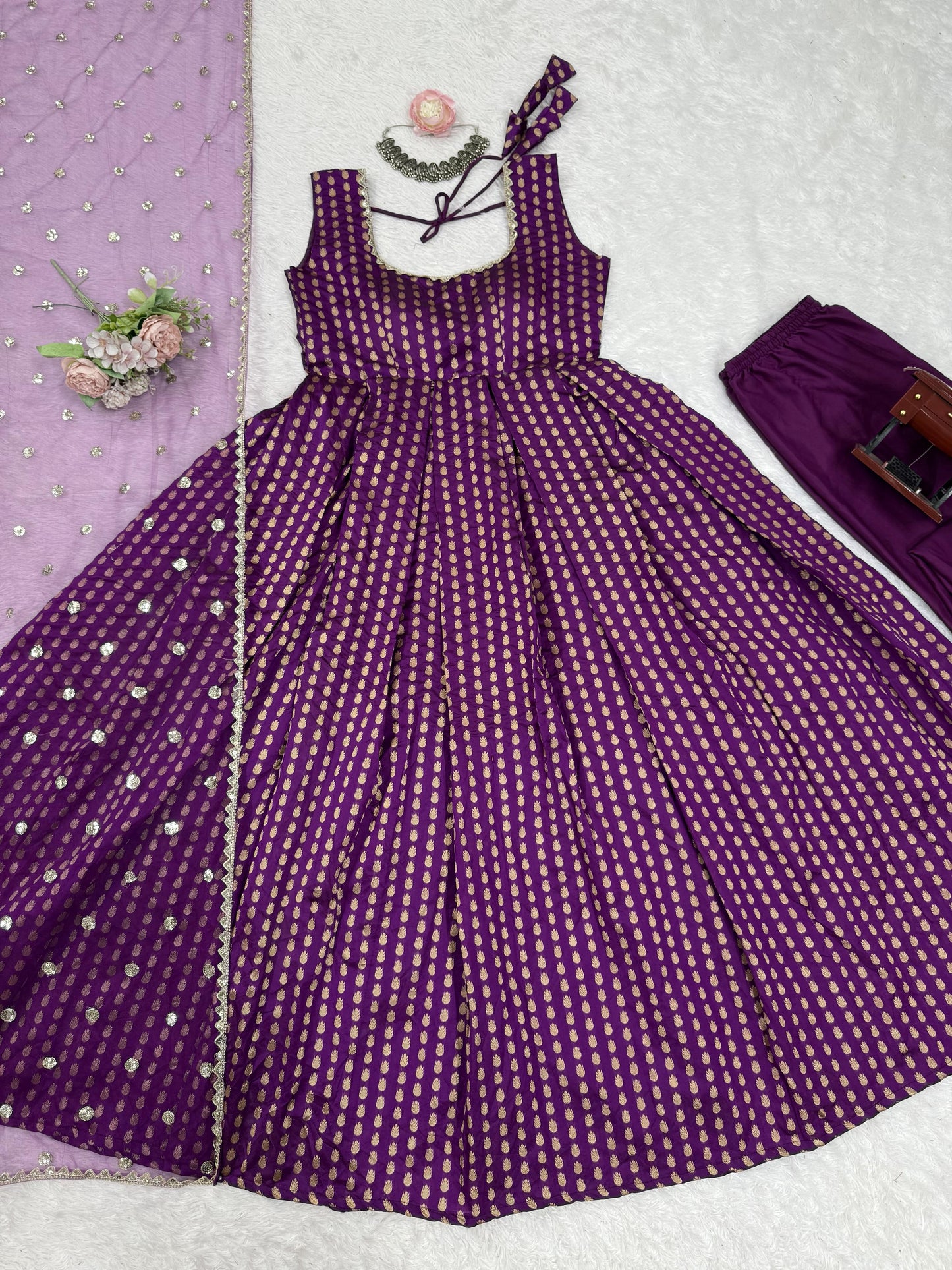 Purple Color Beautiful Gown in Jacquard Silk Fabric