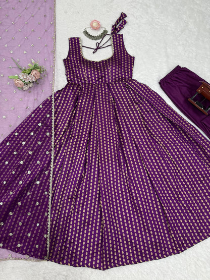 Purple Color Beautiful Gown in Jacquard Silk Fabric