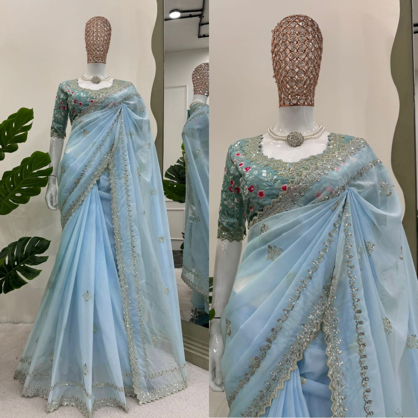 sky blue colour fancy partywear saree in silk fabric