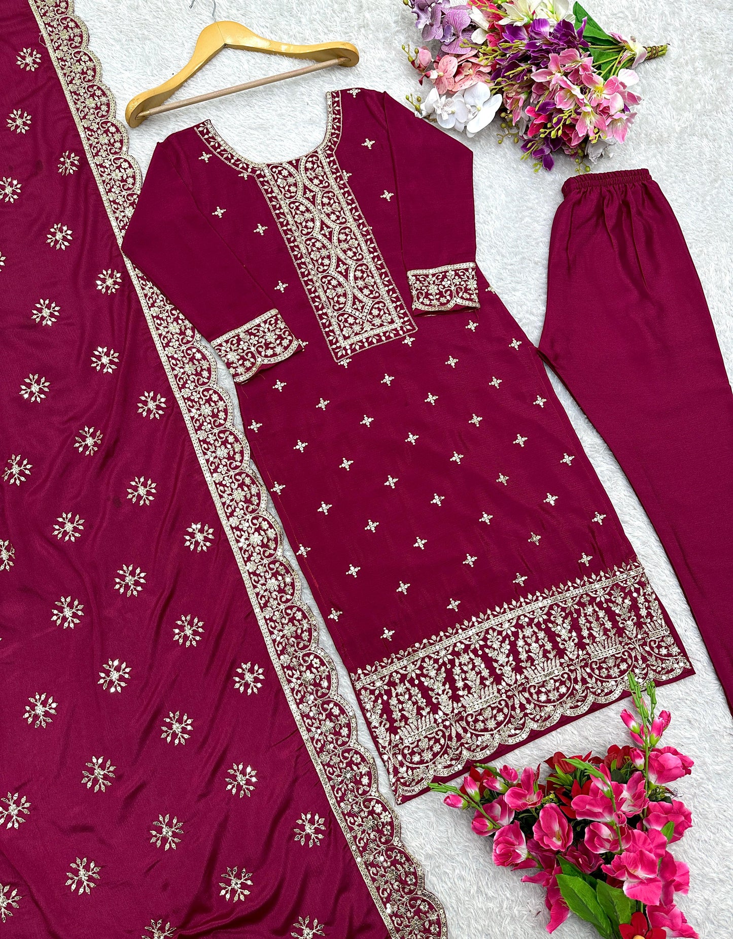 Vichitra Silk Top-Pent And Dupatta Set Fully Stitched Ready To Wear