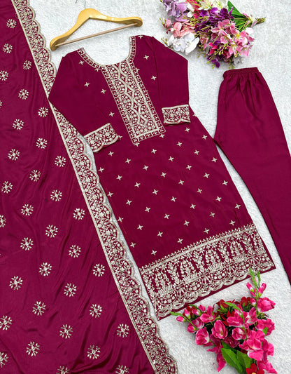 Vichitra Silk Top-Pent And Dupatta Set Fully Stitched Ready To Wear