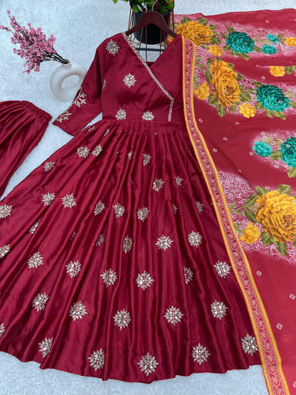 Purple Colour Beautiful Chinnon fabric With Embroidery Sequence Work Gown And Dupatta Set