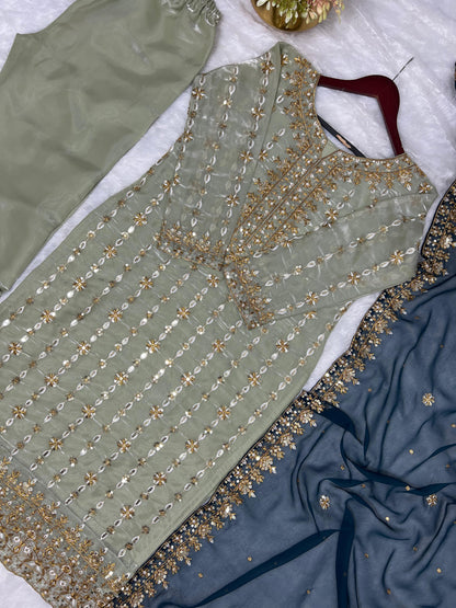 3 Piece Stylish Kurti, Bottom And Dupatta With Beautiful Embroidery Sequence Work