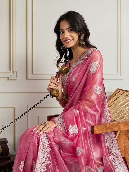 Party Wear Twill Net Saree in pink color