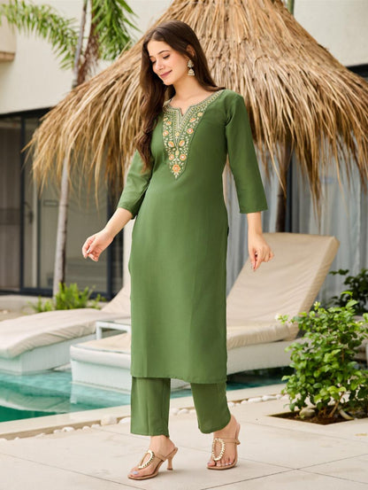 rayon embroidered straight kurta with pant and dupatta sets
