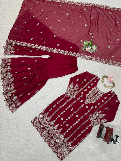 Maroon Red Color Beautiful Sharara Suit in Georgette Fabric