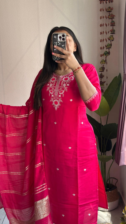 Pink color summer Wear Dress in Roman silk Fabric
