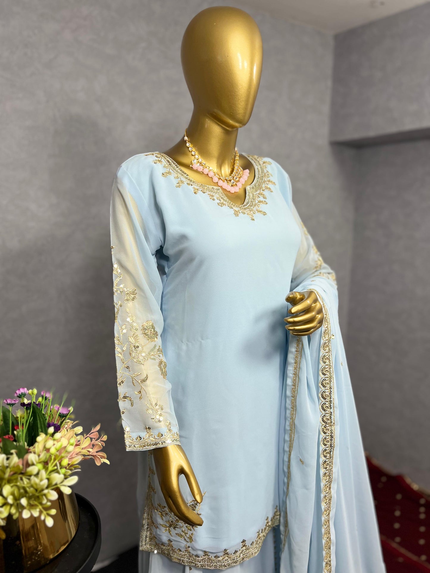 Sky BLue Color Beautiful 3 Piece Kurti With Sharara And Dupatta