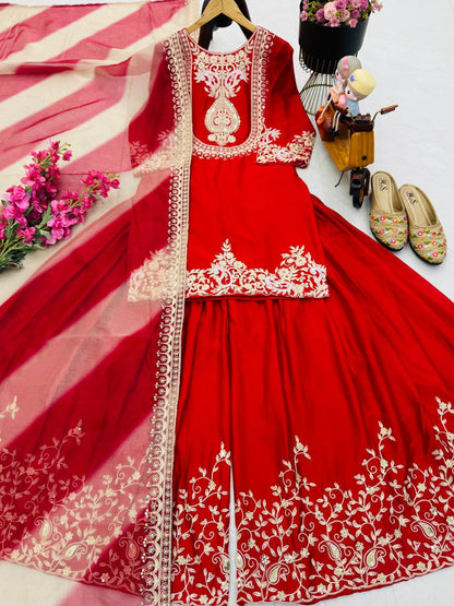 Designer Party Top Sharara & Dupatta Set in red color