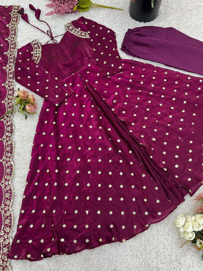 designer party wear look gown-dupatta and bottom with heavy embroidery sequence work