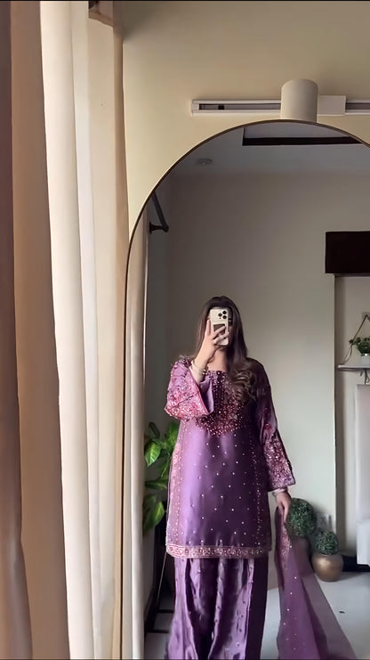 Designer Party Wear Look Top-Plazzo and Dupatta With Heavy Embroidery Work