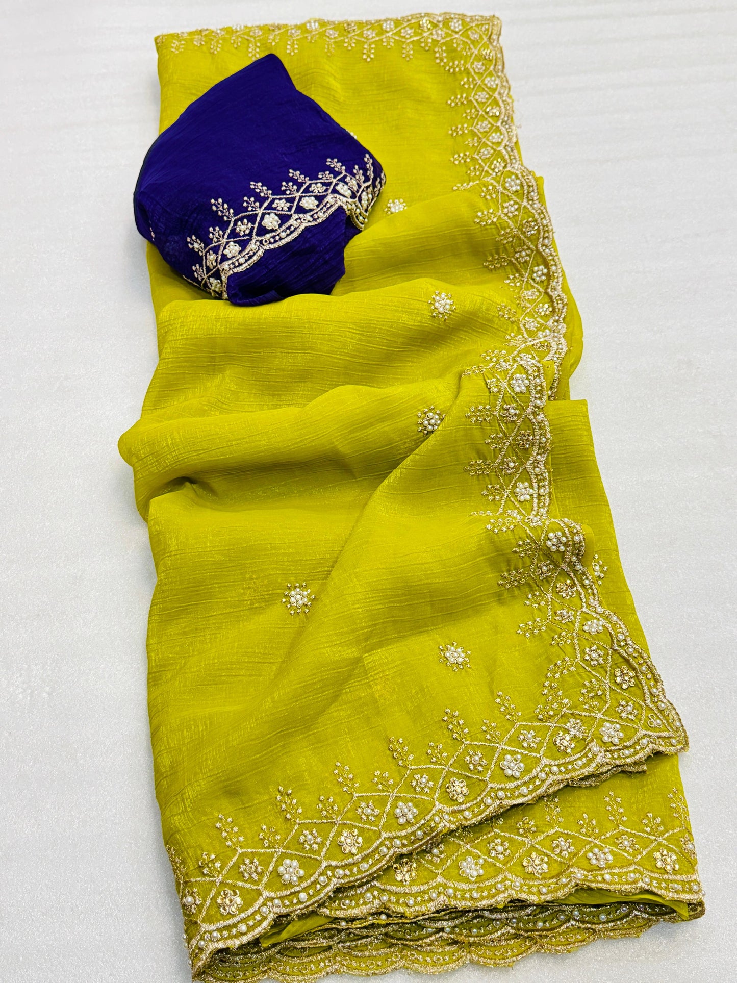 Chiffon Silk Saree with beautiful embroidery in lemon color
