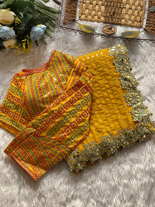 Yellow Color Beautful Partywear Sequence Saree in Georgette Fabric