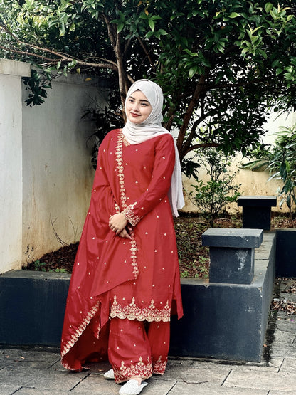 Red Color Festival Wear Dress in Chinon Silk Fabric