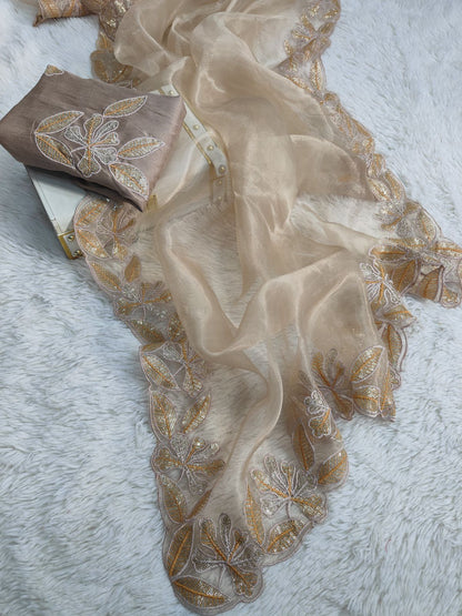 Beautiful White Cream color organza silk saree