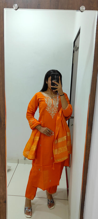 orange colour beatiful office wear dress in silk fabric