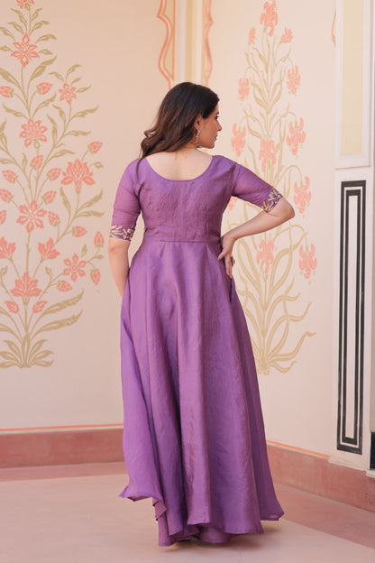 Purple Color Beautiful Partywear Gown in silk fabric