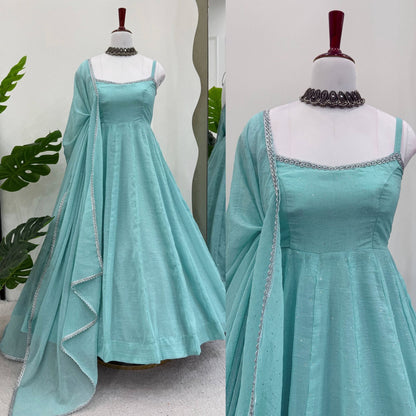 Sky BLue Color Beautiful Gown in Crush Silk Fabric