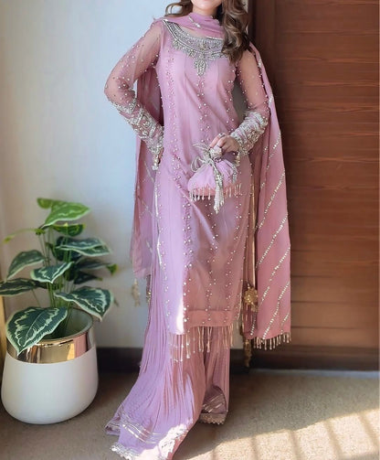 party wear look pur heavy faux georgette top plazzo & dupatta set pink