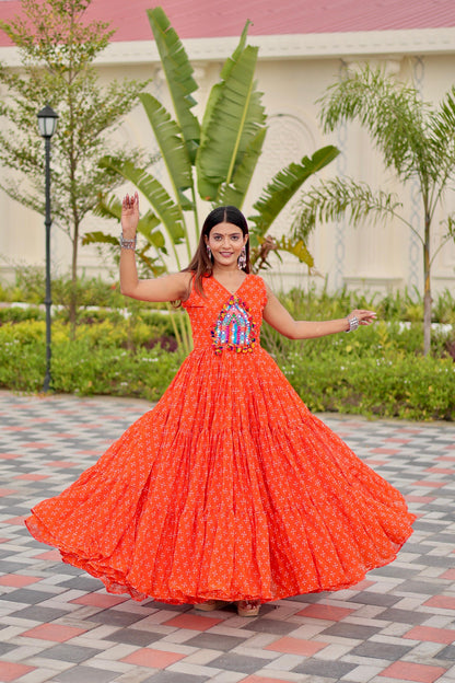 Navratri Special Gamathi Work Gown in orange color