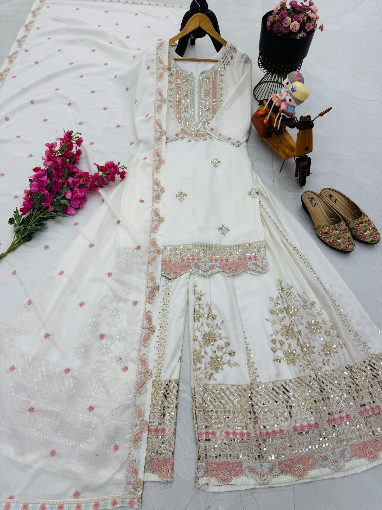 Designer Party Top Sharara & Dupatta Set in white color
