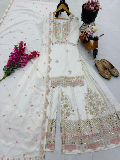 Designer Party Top Sharara & Dupatta Set in white color