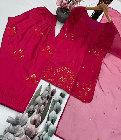franch crap embroidered sequence work with fancy top-plazzo dupatta set