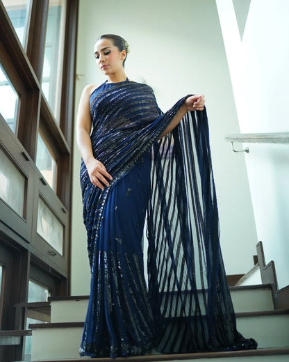 Blue Color Beautiful Sequence Saree in georgette fabric